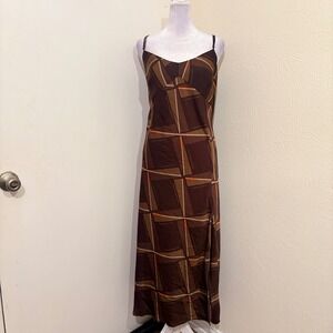 Banana Republic XL Brown Geometric Abstract Print Midi Slip Dress V-Neck Slit